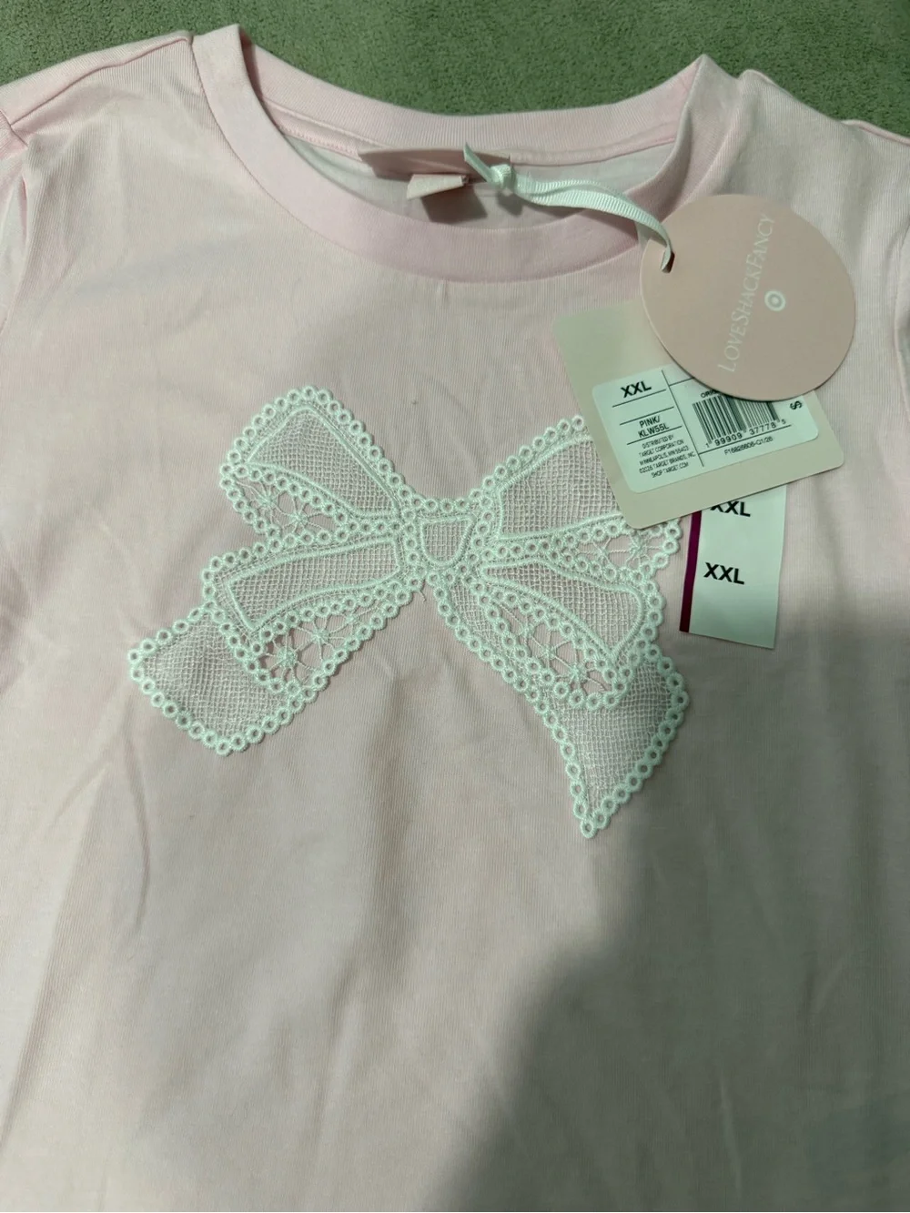LoveShackFancy Pink Short Sleeve Tee with White Lace Bow Appliqué